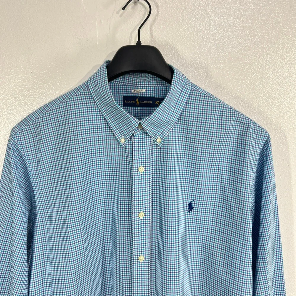 Polo Ralph‎ Lauren Custom Fit Stretch Poplin Shirt Men XXL Blue White Gingham